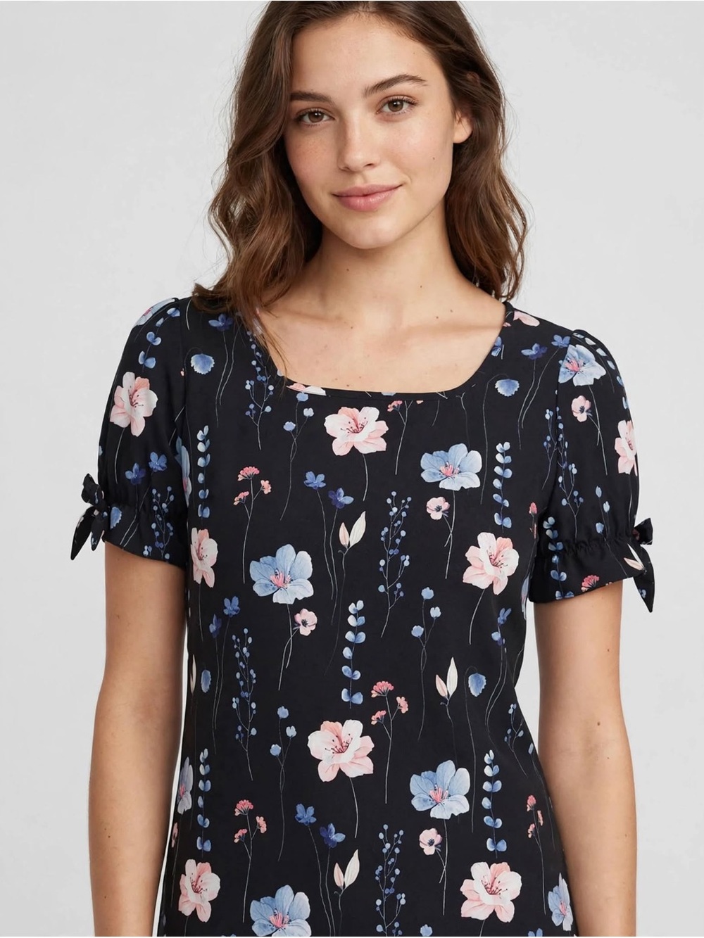 SHEIN Black Floral Square-Neck Tie-Sleeve Tunic